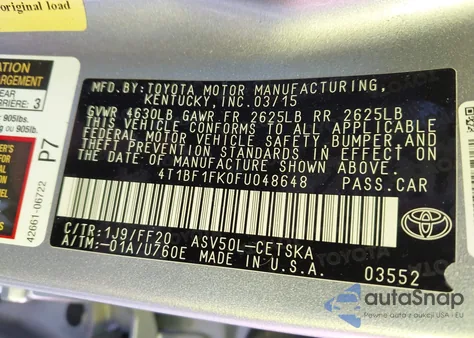 2015 Toyota Camry Se z USA, uszkodzony, nr VIN 4T1BF1FK0FU048648